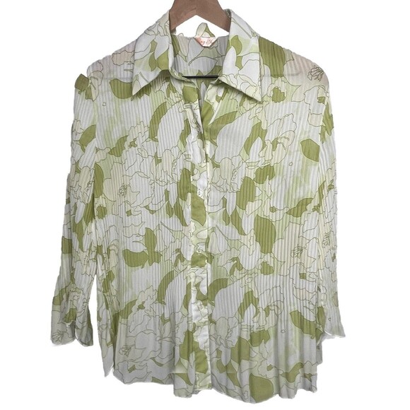 Xing Yuan Tops - Xing Yuan Top Button‎ Up Crinkle Bell Sleeve Blouse Green White Large Romantic